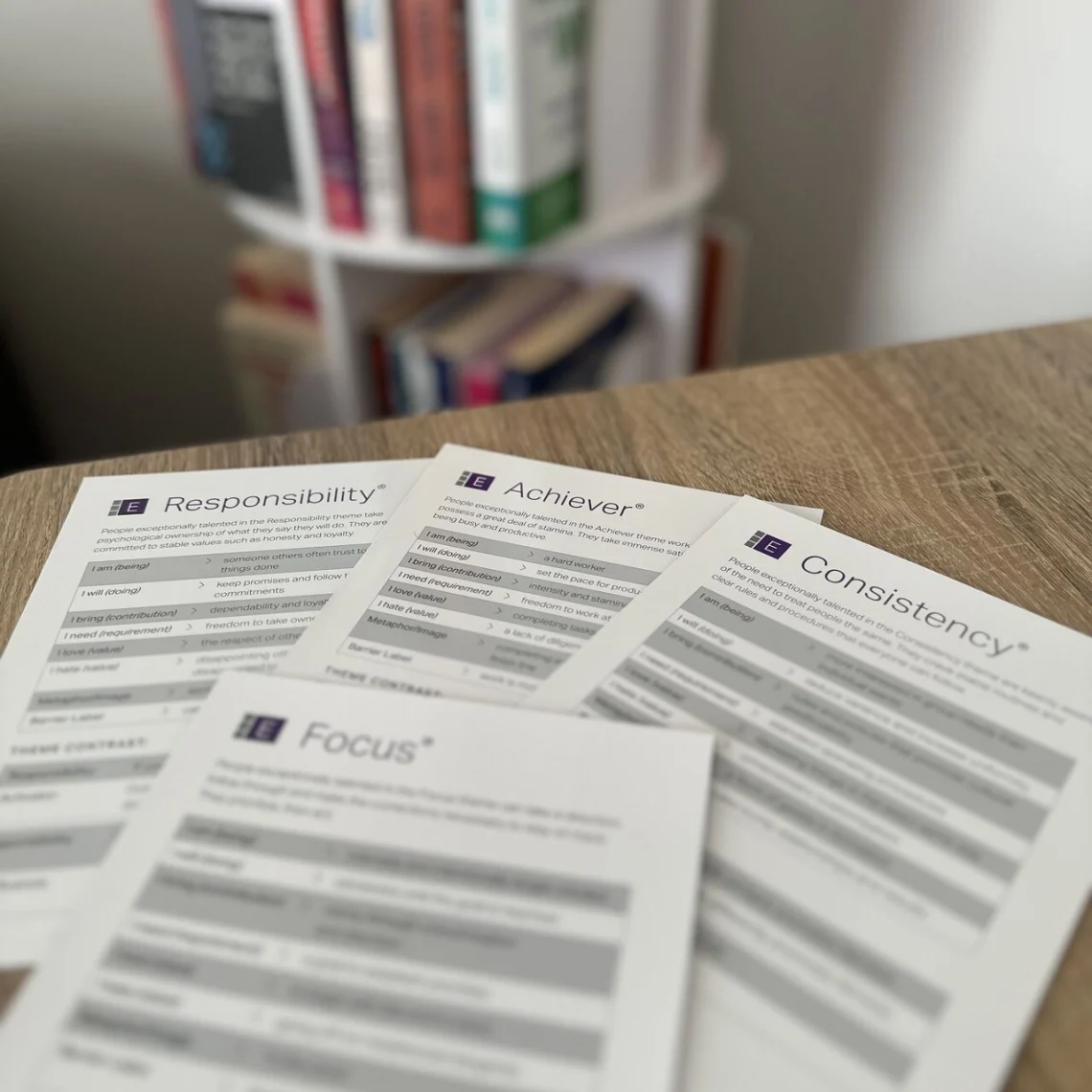 Stack of CliftonStrengths profiles splayed across a table during a team development session.